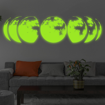 Glow In Dark Moon Phases Wall Decor Decal - Night Light  Art Living Room Sticker - Glowing Neon Phase Cycle Nursery Lunar Crescent Mural