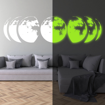 Glow In Dark Moon Phases Wall Decor Decal - Night Light  Art Living Room Sticker - Glowing Neon Phase Cycle Nursery Lunar Crescent Mural