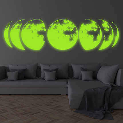 Glow In Dark Moon Phases Wall Decor Decal - Night Light  Art Living Room Sticker - Glowing Neon Phase Cycle Nursery Lunar Crescent Mural