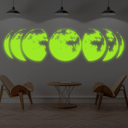 Glow In Dark Moon Phases Wall Decor Decal - Night Light  Art Living Room Sticker - Glowing Neon Phase Cycle Nursery Lunar Crescent Mural