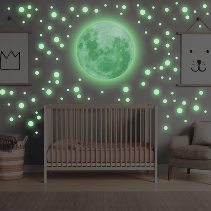 Glow In The Dark Full Moon And Star Wall Sticker - Bedroom Ceiling Decoration Large Glowing Decal - Big Luminous Light For Kid Room Decor