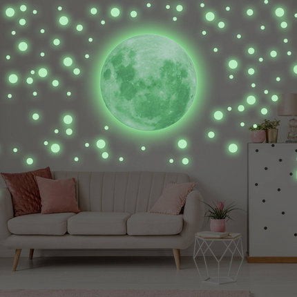 Glow In The Dark Full Moon And Star Wall Sticker - Bedroom Ceiling Decoration Large Glowing Decal - Big Luminous Light For Kid Room Decor