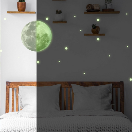 Glow In The Dark Full Moon And Star Wall Sticker - Bedroom Ceiling Decoration Large Glowing Decal - Big Luminous Light For Kid Room Decor