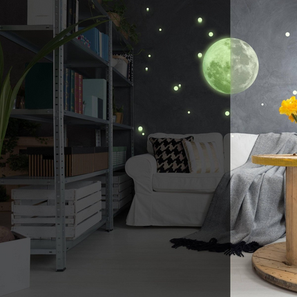 Glow In The Dark Full Moon And Star Wall Sticker - Bedroom Ceiling Decoration Large Glowing Decal - Big Luminous Light For Kid Room Decor