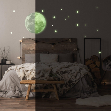 Glow In The Dark Full Moon And Star Wall Sticker - Bedroom Ceiling Decoration Large Glowing Decal - Big Luminous Light For Kid Room Decor