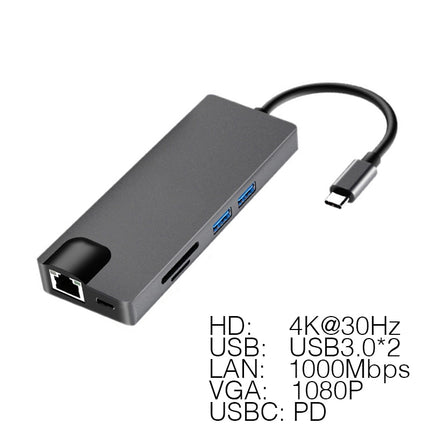 8 in 1 Type C Hub USB C to HDMI-compatible HDTV VGA USB 3.0 SD/TF Reader RJ45 1000M USB-C Power Delivery for MacBook Pro Adapter